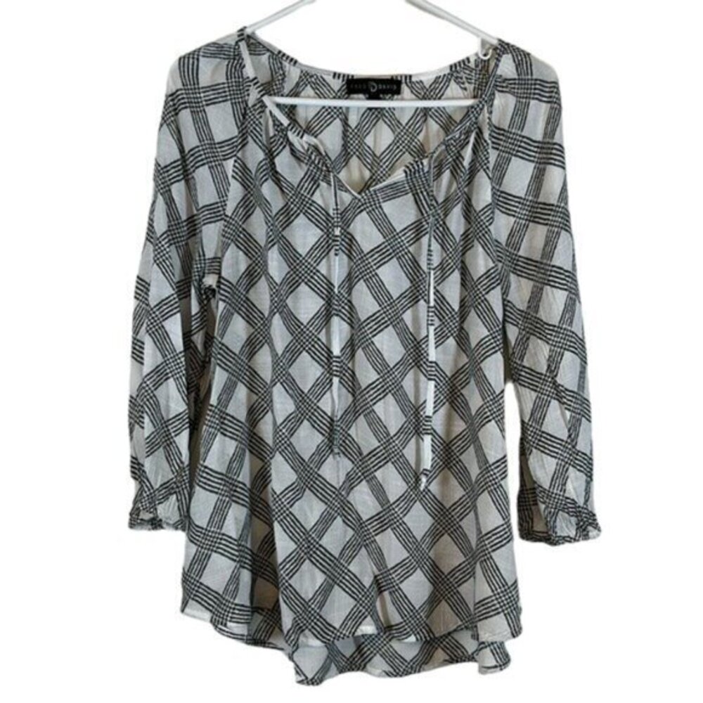 Women's Fred David White Black Cross Stripe L/S Shirred Tie Front Blouse Size S